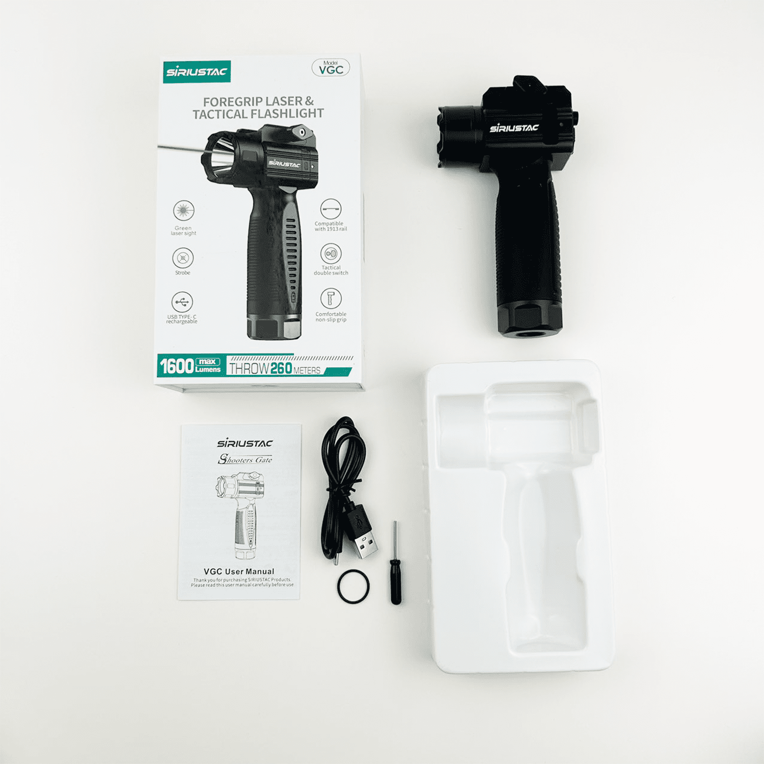 1600 Lumen Foregrip Light with Green Laser | Rechargeable USB TYPE-C | 260 Meter Throw | Rubberized Grip - Titan Security Products Inc.